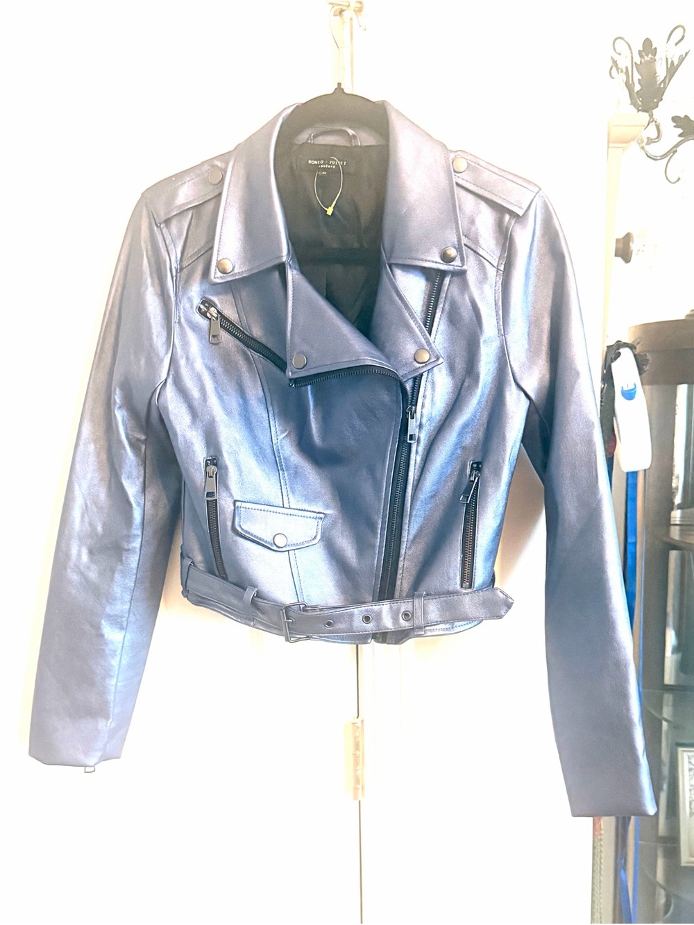 Romeo & Juliet Couture Metallic Blue Leather Moto Jacket